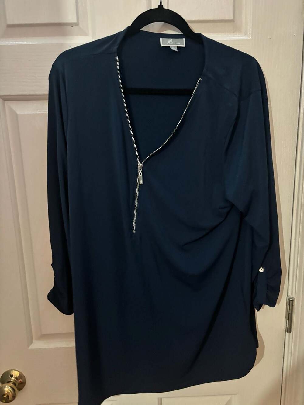 JM Collection Womens Navy Blue Quarter Zip V-Neck Long Sleeve Blouse Top Size XL